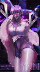Rule 34 | 1girl, adjusting eyewear, adjusting glasses, breasts, character name, cleavage, cleavage cutout, clothing cutout, cowboy shot, earrings, evelynn (league of legends), eyeshadow, feather boa, fingernails, fishnet gloves, fishnets, gloves, hair over shoulder, highres, idol, jewelry, k/da (league of legends), k/da evelynn, large breasts, league of legends, lipstick, long fingernails, long hair, looking at viewer, looking over eyewear, looking over glasses, makeup, pink-tinted eyewear, pink-tinted glasses, purple hair, purple lips, round eyewear, shorts, slit pupils, solo, sunglasses, thick thighs, thighs, tinted eyewear, weapon, yellow eyes, zhii zhii
