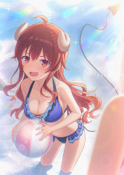 Rule 34 | 2girls, :d, ball, beachball, bikini, blue bikini, blurry, blurry foreground, blush, brown eyes, brown hair, commentary request, curled horns, day, demon girl, demon horns, demon tail, depth of field, eyebrows hidden by hair, fang, frilled bikini, frills, hair between eyes, highres, holding, holding ball, horns, leaning forward, long hair, looking at viewer, machikado mazoku, mikazuchi zeus, multiple girls, open mouth, outdoors, smile, solo focus, standing, swimsuit, tail, tail raised, transparent, v-shaped eyebrows, very long hair, wading, water, yoshida yuuko (machikado mazoku)