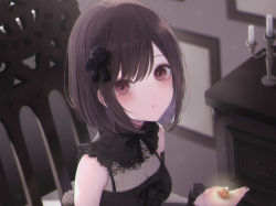 Rule 34 | 1girl, blush, breasts, brown hair, candle, candlestand, chair, cleavage, dress, flower, frilled shirt collar, frills, glowing, hair flower, hair ornament, hair ribbon, holding, looking at viewer, medium breasts, neck ribbon, parted lips, picture frame, project sekai, red eyes, ribbon, rose, see-through, see-through cleavage, see-through dress, shinonome ena, short hair, sionoe, sitting, sleeveless, sleeveless dress, solo