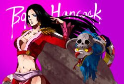 Rule 34 | 1girl, animal, black eyes, black hair, blue eyes, boa hancock, character name, commentary, commentary request, earrings, eilinna, english commentary, epaulettes, forked tongue, jewelry, long hair, long sleeves, midriff, mixed-language commentary, navel, one piece, open mouth, purple background, salome (one piece), simple background, skull, snake, snake earrings, teeth, tongue, tongue out