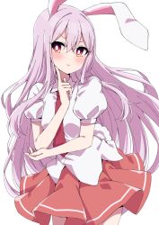 Rule 34 | 1girl, :&gt;, animal ears, arms up, blush, bright pupils, commentary request, contrapposto, cowboy shot, doyagao, finger to own chin, hair between eyes, hand on own elbow, head tilt, highres, light purple hair, long hair, looking at viewer, necktie, pink skirt, pleated skirt, puffy short sleeves, puffy sleeves, rabbit ears, rabbit girl, rabbit tail, red eyes, red necktie, reisen udongein inaba, shirt, short sleeves, simple background, skirt, smug, solo, standing, tail, touhou, tsukimirin, untucked shirt, very long hair, white background, white pupils, white shirt
