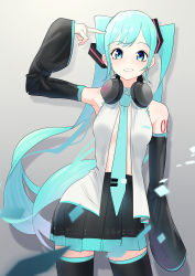 Rule 34 | 1girl, absurdres, arm up, bare shoulders, black skirt, black sleeves, black thighhighs, blue eyes, blue hair, blue necktie, breasts, collared shirt, detached sleeves, finger to head, grey background, hatsune miku, headphones, headphones around neck, highres, kinosuke (pattaba), long hair, long sleeves, looking at viewer, necktie, pleated skirt, shirt, skirt, sleeveless, sleeveless shirt, sleeves past wrists, small breasts, smile, solo, thighhighs, tie clip, twintails, very long hair, vocaloid, white shirt, wide sleeves
