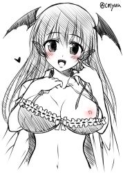 Rule 34 | 1girl, bad id, bad pixiv id, blush, bow, bow bra, bra, breasts, cleavage, frilled bra, frills, head wings, heart, koakuma, large breasts, lips, looking at viewer, monochrome, nipple slip, nipples, open mouth, pointy ears, signature, simple background, sketch, smile, solo, spot color, touhou, twitter username, underwear, white background, wings, yua (checkmate)