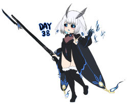 Rule 34 | 1girl, :d, absurdres, bailingxiao jiu, bayonet, black cape, black footwear, black gloves, black leotard, black sclera, black thighhighs, blue eyes, blue fire, boots, breasts, cape, colored sclera, detached sleeves, fire, fur-trimmed boots, fur-trimmed footwear, fur-trimmed legwear, fur trim, gloves, grey hair, gun, head wings, highres, holding, holding gun, holding weapon, leotard, long sleeves, looking at viewer, monster girl, musket, open mouth, original, puffy long sleeves, puffy sleeves, simple background, sleeves past wrists, small breasts, smile, solo, standing, standing on one leg, thigh boots, thighhighs, weapon, white background, white sleeves, white wings, wings