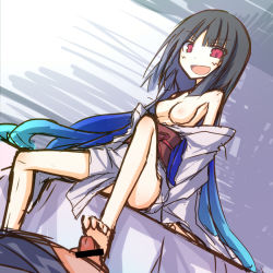 Rule 34 | 1girl, :d, barefoot, breasts, censored, dutch angle, feet, footjob, ichiyan, japanese clothes, kimono, long hair, multicolored hair, nipples, no bra, open clothes, open mouth, penis, red eyes, sitting, sketch, smile, solo focus, touhou, very long hair