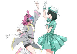 Rule 34 | 2girls, absurdres, ahoge, clenched hand, closed eyes, commentary request, covered face, dress, emotion (love live!), fake wings, from side, gloves, green dress, green hair, grey jacket, grey shorts, hat, high five, highres, jacket, long sleeves, looking at another, love live!, love live! nijigasaki high school idol club, medium hair, mifune shioriko, multiple girls, open mouth, pink footwear, pink hair, puffy short sleeves, puffy sleeves, rina-chan board, shoes, short hair, short sleeves, shorts, tail, taiyakippassion, tennouji rina, tsunagaru connect (love live!), upper body, white background, white gloves, white headwear, wings