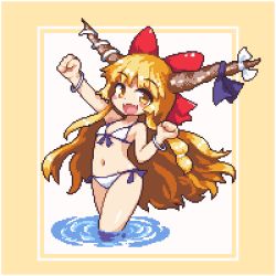 Rule 34 | 1girl, bikini, blonde hair, blue ribbon, bow, bracelet, flat chest, front-tie bikini top, front-tie top, hair bow, halterneck, horn bow, horn ornament, horn ribbon, horns, ibuki suika, jewelry, kumamoto (bbtonhk2), long hair, looking at viewer, lowres, navel, open mouth, outstretched arm, pixel art, red bow, ribbon, side-tie bikini bottom, smile, solo, swimsuit, touhou, very long hair, wading, water, white bikini, white bow, yellow eyes