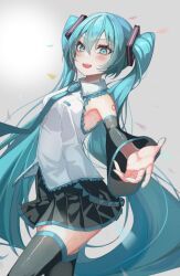 Rule 34 | 1girl, :d, bare shoulders, belt, black skirt, black sleeves, black thighhighs, blue eyes, blue hair, blue necktie, blush, breasts, collared shirt, cowboy shot, detached sleeves, frilled shirt, frills, from side, grey background, hair between eyes, hair ornament, hatsune miku, highres, kawasuru (15miclon), legs apart, long hair, long sleeves, loose belt, medium breasts, necktie, number tattoo, open hand, open mouth, pleated skirt, raised eyebrows, shirt, sidelocks, simple background, skirt, sleeveless, sleeveless shirt, smile, solo, tattoo, teeth, thighhighs, twintails, upper teeth only, very long hair, vocaloid, white shirt, zettai ryouiki
