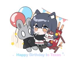 Rule 34 | 1girl, animal ear fluff, animal ears, arknights, balloon, black capelet, black footwear, black hair, black jacket, black pantyhose, black shorts, blush stickers, brown eyes, cake, capelet, character name, commentary request, food, hair between eyes, happy birthday, highres, jacket, pantyhose under shorts, long hair, looking at viewer, pantyhose, pennant, pocky, shoes, short shorts, shorts, solo, string of flags, striped, stuffed animal, stuffed rabbit, stuffed toy, tail, texas (arknights), utensil in mouth, vertical stripes, white background, white jacket, xijian