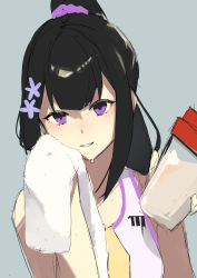 Rule 34 | 1girl, absurdres, black hair, blue archive, bottle, choker, closed mouth, crop top, flower, hair flower, hair ornament, highres, light blush, long hair, looking at viewer, ponytail, purple eyes, simple background, sumire (blue archive), titi titi, towel, upper body, water bottle