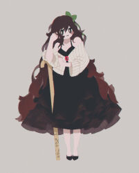 Rule 34 | 1girl, alternate costume, black dress, black eyes, blush stickers, bow, brown hair, cane, curly hair, dress, full body, green bow, hair bow, holding, holding cane, layered dress, loftyanchor, long hair, looking at viewer, off shoulder, reiuji utsuho, ribbed sweater, simple background, smile, solo, standing, sweater, touhou, very long hair, white sweater