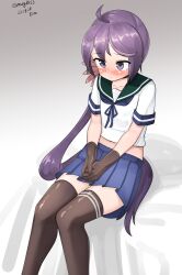 Rule 34 | 1girl, absurdres, ahoge, akebono (kancolle), akebono kai ni (kancolle), bed, bell, black gloves, black thighhighs, blue neckerchief, blue sailor collar, blue skirt, dated, feet out of frame, flower, gloves, gradient background, grey background, hair bell, hair flower, hair ornament, highres, jingle bell, kantai collection, long hair, maru (marg0613), neckerchief, one-hour drawing challenge, pleated skirt, purple eyes, purple hair, sailor collar, school uniform, serafuku, side ponytail, sitting, skirt, solo, thighhighs, twitter username, very long hair