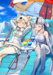 Rule 34 | animal ear fluff, animal ears, animal print, arms behind head, arms up, bare shoulders, beach umbrella, bear ears, bear girl, bear print, bearded seal (kemono friends), bendy straw, blush, breasts, brown legwear, chair, closed eyes, closed mouth, commentary request, copyright notice, crossed legs, cup, damaged, day, drinking glass, drinking straw, elbow gloves, flower, fur-trimmed jacket, fur-trimmed sleeves, fur trim, gloves, grey hair, iceberg, jacket, kemono friends, kemono friends 3, long sleeves, lounge chair, medium breasts, multicolored hair, no shoes, official art, one-piece swimsuit, outdoors, pantyhose, pleated skirt, polar bear (kemono friends), purple flower, sitting, skirt, smile, swimsuit, thighhighs, tropical drink, two-tone hair, umbrella, water, watermark, white gloves, white jacket, white legwear, white one-piece swimsuit, white skirt, yuko (uc yuk)