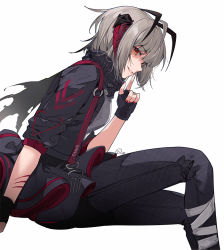 Rule 34 | 1girl, ahoge, arknights, black gloves, black jacket, black skirt, fingerless gloves, gloves, grey hair, grey shirt, horns, index finger raised, invisible chair, jacket, looking at viewer, looking to the side, medium hair, miniskirt, nagu, nail polish, open clothes, open jacket, pants, pants under skirt, parted lips, profile, red eyes, red nails, scar, scarf, shirt, simple background, sitting, skirt, smile, solo, w (arknights), white background