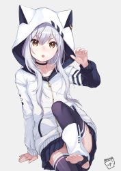 Rule 34 | &gt;:o, 1girl, :o, animal hood, arm support, azuma lim, azuma lim channel, black thighhighs, cat hood, choker, commentary request, grey background, hair between eyes, highres, hood, hood up, hoodie, leg up, leg warmers, long hair, long sleeves, looking at viewer, miniskirt, mugcup, open mouth, pleated skirt, silver hair, simple background, sitting, skirt, solo, stirrup legwear, thighhighs, toeless legwear, v-shaped eyebrows, virtual youtuber, yellow eyes
