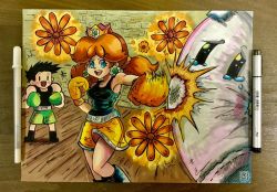 Rule 34 | 1boy, 1girl, arm up, black hair, black shirt, blue eyes, blush, boots, boxing gloves, breasts, brown hair, cleavage, crown, earrings, flower, flower earrings, happy, jewelry, legs, little mac, looking at viewer, mario (series), nintendo, open mouth, princess, princess daisy, punch-out!!, sandbag, shirt, shorts, super mario bros. 1, super mario land, super smash bros., tears, yellow shorts