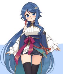 Rule 34 | 1girl, :o, absurdres, bare shoulders, black shorts, black thighhighs, blue background, blue eyes, blue hair, commentary, cowboy shot, frilled sleeves, frills, hair ornament, hairclip, highres, long hair, long sleeves, looking at viewer, project gen2, shiraha maru, short shorts, shorts, simple background, single sidelock, solo, tassel, thigh gap, thighhighs, tsubasa aiba, two-tone background, very long hair, virtual youtuber, white background, wide sleeves