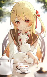 Rule 34 | 1girl, absurdres, ahoge, blonde hair, blush, brown dress, cup, dress, fortissimo, hair ornament, hair ribbon, head rest, highres, hololive, hololive dev is, jacket, long hair, looking at viewer, musical note, musical note hair ornament, nisi ki no, one side up, otonose kanade, red eyes, red ribbon, ribbon, smile, solo, teacup, teapot, virtual youtuber, white jacket