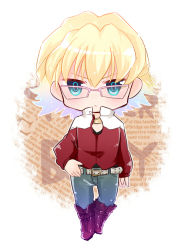 Rule 34 | 10s, 1boy, bad id, bad pixiv id, barnaby brooks jr., belt, blonde hair, blue eyes, blue hair, boots, chibi, glasses, gradient hair, jacket, jewelry, male focus, matching hair/eyes, multicolored hair, necklace, oomori (kswmr), red jacket, solo, studded belt, tiger &amp; bunny, white background