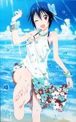 Rule 34 | 10s, 1girl, ;d, absurdres, armpits, bare shoulders, barefoot, beach, beads, blue hair, bow, bracelet, breasts, cleavage, cloud, day, dress, feet, floral print, foreshortening, gem, hair between eyes, hair bow, hand up, highres, jewelry, light rays, lighthouse, looking at viewer, mole, mole under eye, nail polish, necklace, nisekoi, ocean, official art, one eye closed, open mouth, outdoors, red eyes, scan, short hair, sideboob, skirt hold, sky, smile, soles, splashing, standing, standing on one leg, strap slip, sunbeam, sundress, sunlight, toenail polish, toenails, toes, tsugumi seishirou, water