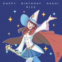 Rule 34 | 1girl, aged up, brown eyes, brown hair, cape, character name, commentary request, dated, english text, happy birthday, hat, kagari atsuko, little witch academia, signature, sky, solo, sparkle, staff, star (sky), starry sky, ticcy, witch hat