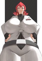 Rule 34 | 1girl, absurdres, ariana (pokemon), belt, breasts, creatures (company), dress, earrings, game freak, highres, jewelry, large breasts, lips, looking at viewer, looking down, muppy (muppy0163), nintendo, pokemon, pokemon hgss, red eyes, red hair, solo, team rocket, team rocket uniform, turtleneck