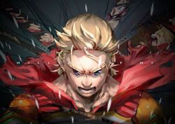 Rule 34 | 1boy, absurdres, blonde hair, blood, blood from mouth, blood on face, blue eyes, blurry, blurry foreground, bodysuit, boku no hero academia, cape, commentary, death, debris, english commentary, english text, film reel, floating cape, foreground text, forehead, furrowed brow, green eyes, hair slicked back, hair strand, head down, highres, looking at viewer, lower teeth only, male focus, midoriya izuku, nose, open mouth, photo (object), portrait, quiff, red cape, sakumo (hrnb0122issy), serious, short hair, solo, spoilers, straight-on, teeth, thick eyebrows, togata mirio, torn cape, torn clothes, v-shaped eyebrows