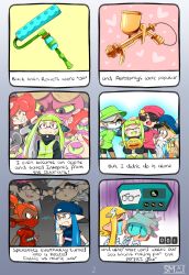 Rule 34 | 3d rod!, 6+girls, aerospray (splatoon), backwards hat, beard, bike shorts, black hair, black shirt, black shorts, blue hat, blue shirt, brown eyes, callie (splatoon), cap&#039;n cuttlefish, closed mouth, comic, crying, dj octavio, earrings, english text, facial hair, fang, food, food on head, frown, glasses, green hair, green hat, green shirt, grey hair, grin, hair ornament, hand on another&#039;s head, hand on own hip, hat, hat ornament, headgear, heart, highres, holding, inkling, inkling boy, inkling girl, inkling player character, inling, jewelry, long sleeves, marie (splatoon), mask, mole, mole under eye, mouth mask, multiple girls, nintendo, object on head, octoball, octoling, open mouth, peaked cap, pointy ears, polka dot, polka dot shirt, purple hat, purple shirt, red hair, red shirt, scrunchie, shirt, short sleeves, shorts, single vertical stripe, smile, splat roller (splatoon), splatoon (series), splatoon 1, squidbeak splatoon, star (symbol), star hat ornament, sunglasses, super sea snail, t- shirt, takozonesu, tentacle hair, topknot, turtleneck, vest, weapon, white shirt, yellow eyes, yellow vest