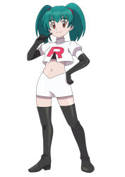 Rule 34 | 1girl, asatsuki (fgfff), black footwear, black gloves, black shirt, boots, brown eyes, closed mouth, creatures (company), crop top, cropped jacket, duplica (pokemon), elbow gloves, eyelashes, full body, game freak, gloves, green hair, hand on own hip, hand up, highres, index finger raised, jacket, logo, long hair, nintendo, pokemon, pokemon (anime), pokemon (classic anime), shirt, simple background, skirt, smile, solo, split mouth, standing, thigh boots, twintails, white background, white jacket, white skirt