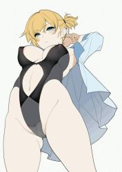 Rule 34 | 1girl, adapted costume, animated, aqua eyes, areola slip, armpits, asymmetrical hair, bare legs, black one-piece swimsuit, blonde hair, bouncing breasts, breasts, cameltoe, covered erect nipples, cowboy shot, creatures (company), game freak, gen 1 pokemon, gloves, gym leader, hino tomoyuki, jiggle, large breasts, legs, looking at viewer, misty (pokemon), navel, nintendo, one-piece swimsuit, open mouth, pokemon, pokemon hgss, pokemon rgby, ponytail, shirt, short hair, side ponytail, simple background, smile, solo, standing, swimsuit, thighs, video, white background, wide hips, yellow shirt