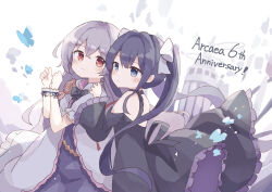 Rule 34 | 2girls, absurdres, anniversary, arcaea, bare shoulders, black bow, black bowtie, black dress, blue butterfly, blue eyes, blush, bow, bowtie, bug, butterfly, closed mouth, colon br, copyright name, day, debris, dress, floating, grey hair, hair between eyes, hair bow, hand on another&#039;s shoulder, highres, hikari (arcaea), insect, jacket, long hair, long sleeves, looking at another, looking at viewer, multiple girls, off-shoulder dress, off shoulder, open clothes, open jacket, outdoors, purple dress, purple hair, red eyes, sidelocks, simple background, smile, tairitsu (arcaea), twintails, white background, white bow, white jacket, white wrist cuffs, wrist cuffs