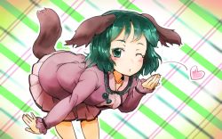 Rule 34 | 1girl, animal ears, bent over, blowing kiss, commentary request, dress, floppy ears, green eyes, green hair, heart, kasodani kyouko, long sleeves, looking at viewer, matching hair/eyes, one eye closed, pink dress, pleated skirt, short dress, sinzan, skirt, solo, tail, touhou, wallpaper