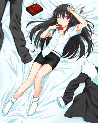 Rule 34 | 1boy, ;), androgynous, bellezza felutia, black hair, black skirt, case, cellphone, chopsticks, coat, collarbone, feet, felutiahime, highres, key, long hair, lying, male focus, no shoes, notebook, on back, on bed, one eye closed, original, pants, phone, red eyes, shirt, skirt, smartphone, smile, solo, trap, wavy mouth, white shirt