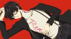 Rule 34 | 1boy, amamiya ren, arm up, black hair, blazer, clothes writing, glasses, hand on own stomach, highres, jacket, looking at viewer, lying, on back, open clothes, open jacket, pants, parody, parted lips, persona, persona 5, persona 5 the animation, plaid, plaid pants, red background, school uniform, shirt, shuujin academy school uniform, simple background, suspenders, turtleneck, white shirt