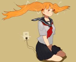 Rule 34 | electric plug, electrical outlet, electrical outlet, electricity, nanora, orange eyes, orange hair, school uniform, sitting, solo, twintails