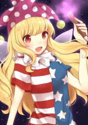 Rule 34 | 1girl, american flag dress, blonde hair, breasts, clownpiece, dress, fairy wings, hat, highres, jester cap, long hair, neck ruff, open mouth, red eyes, short sleeves, sidelocks, small breasts, solo, striped clothes, striped dress, torch, touhou, very long hair, wings, yamamoto souichirou