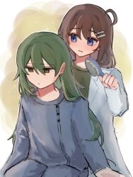 Rule 34 | 1boy, 1girl, ahoge, blue jacket, blue pants, brown hair, coat, giovanni (project moon), green hair, green shirt, hair ornament, hairclip, highres, holding, holding brush, hospital gown, jacket, jitome, lab coat, lobotomy corporation, long hair, looking to the side, medium hair, michelle (project moon), nnnnhhhhnhnh, pants, parted lips, project moon, shirt, white coat, yellow eyes