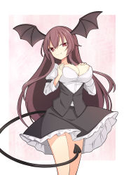 Rule 34 | 1girl, areola slip, breasts, cleavage, cowboy shot, demon girl, demon tail, fang, fang out, head wings, highres, koakuma, large breasts, long hair, long sleeves, looking at viewer, petticoat, pink background, red eyes, shirt, simple background, skirt, smile, solo, tail, touhou, uneven eyes, user cwdv2523, very long hair, wings