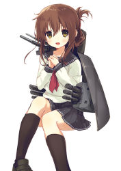 Rule 34 | 10s, 1girl, bad id, bad pixiv id, black socks, brown eyes, brown hair, folded ponytail, inazuma (kancolle), kantai collection, kneehighs, loafers, long hair, open mouth, own hands clasped, own hands together, personification, school uniform, serafuku, shoes, simple background, skirt, socks, solo, turret, usamito, white background