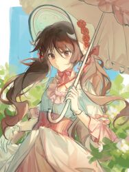 Rule 34 | 1girl, :o, ambience synesthesia, arknights, blush, brown eyes, brown hair, cowboy shot, eyjafjalla (arknights), flower, frilled shirt, frills, gloves, goat horns, hair between eyes, hat, hat flower, highres, holding, holding umbrella, horns, jinyusuiyu, long hair, looking at viewer, official alternate costume, open mouth, parasol, pink corset, pink skirt, red flower, red rose, rose, shirt, short sleeves, skirt, solo, sun hat, twintails, umbrella, white gloves, white hat, white shirt