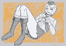 Rule 34 | 1girl, absurdres, blonde hair, boots, girls&#039; frontline, heart, heart hands, highres, looking at viewer, lying, mp40 (girls&#039; frontline), necktie, nose, on back, open mouth, orange background, pin, short hair, skirt, smile, solo, thigh strap