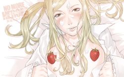 Rule 34 | 1girl, blush, cream, food, fruit, grasshopper manufacture, highres, holding, holding food, holding fruit, kozaki yuusuke, no more heroes, official art, official wallpaper, sexually suggestive, solo, strawberry, sylvia christel, wallpaper