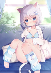 Rule 34 | 1girl, absurdres, animal ears, barefoot, blue bra, blue eyes, blush, bottomless, bow, bow bra, bra, breasts, cat ears, cat girl, cat tail, clenched hand, collarbone, collared shirt, couch, fish hair ornament, foot out of frame, grey hair, hair bow, hair ornament, hand on own chest, hand up, head tilt, heart, heart-shaped pillow, highres, indoors, knee blush, knees together feet apart, knees up, leg warmers, legs, looking ahead, metchasukkyanen, on couch, open clothes, open shirt, original, parted lips, pillow, shirt, short hair, sitting, sleeves past wrists, small breasts, straight hair, striped, tail, underwear, v-shaped eyebrows, white shirt, window