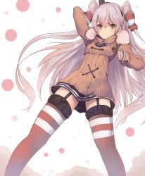 Rule 34 | 10s, 1girl, absurdres, amatsukaze (kancolle), arm up, black hat, black skirt, blush, bridal garter, brown coat, brown eyes, buttons, coat, dyson (edaokunnsaikouya), from below, fur trim, garter straps, hair between eyes, hair tubes, hairband, hat, highres, hood, hooded jacket, jacket, kantai collection, long hair, long sleeves, looking at viewer, md5 mismatch, mini hat, miniskirt, red thighhighs, silver hair, simple background, skirt, solo, standing, striped clothes, striped thighhighs, thighhighs, twintails, two side up, very long hair, white background, winter clothes, winter coat, zettai ryouiki