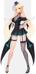 Rule 34 | 1girl, absurdres, alternate costume, blonde hair, breasts, chest jewel, dress, earrings, hat, high heels, highres, jewelry, large breasts, long hair, mythra (xenoblade), risumi (taka-fallcherryblossom), short dress, simple background, solo, swept bangs, very long hair, white background, wings, xenoblade chronicles (series), xenoblade chronicles 2, yellow eyes