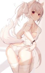 Rule 34 | 1girl, ?, adjusting clothes, adjusting panties, ahoge, animal ears, armband, armpits, ass, bracelet, breasts, dress, frown, hair between eyes, highres, jewelry, leaning forward, long eyelashes, looking at viewer, original, panipo, panties, ponytail, red eyes, shirt, skindentation, small breasts, tail, thigh gap, thighhighs, underwear, white armband, white hair, white panties, white shirt, white thighhighs, wolf ears, wolf tail