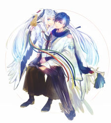 Rule 34 | 1boy, 1girl, animal print, arm around shoulder, arms around waist, bell, bird print, blue eyes, blue hair, blue robe, blue scarf, commentary, feather print, forehead-to-forehead, hair ornament, hatsune miku, heads together, holding, holding instrument, instrument, japanese clothes, jingle bell, kagura suzu, kaito (vocaloid), kimono, looking at viewer, open mouth, robe, scarf, shizuki (megane2339), sitting, sitting on lap, sitting on person, smile, twintails, vocaloid, white hair, white kimono, yuki miku, yuki miku (2018)