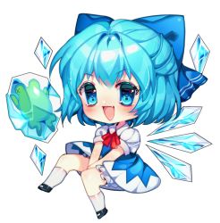 Rule 34 | 1girl, blue dress, blue eyes, blue hair, bow, chariko, chibi, cirno, dress, fang, frozen frog, full body, hair bow, ice, ice wings, open mouth, puffy short sleeves, puffy sleeves, short sleeves, skin fang, smile, solo, touhou, wings