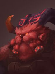 Rule 34 | 1boy, armor, black horns, body fur, braid, braided beard, breastplate, facial hair, furry, furry male, glowing, glowing eyes, goat boy, highres, horns, league of legends, male focus, mujiao, multicolored horns, ornn, red fur, red horns, solo, two-tone horns, yellow eyes
