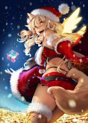 Rule 34 | 1girl, absurdres, animal ear fluff, animal ears, blonde hair, box, breasts, energy wings, fate/extra, fate/extra ccc, fate/extra ccc fox tail, fate/grand order, fate/grand order arcade, fate (series), fox ears, fox girl, fox tail, fur-trimmed thighhighs, fur trim, gift, gift box, gyaru, hat, highres, large breasts, looking at viewer, non-web source, official art, red hat, sakamoto mineji, santa hat, smile, suzuka gozen (fate), suzuka gozen (santa) (fate), tail, thighhighs
